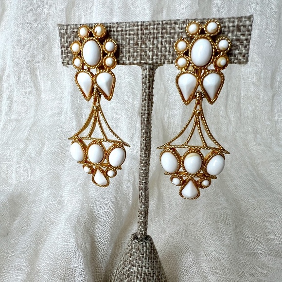 SOLD! Vintage Polcini Chandelier Earrings Gold Tone White Glass Cabochons 1960s - Picture 1 of 9